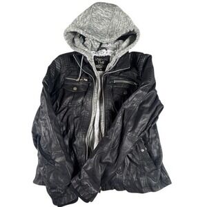 YMI Faux Leather Jacket Womens XL Black Hoodie Layered Moto Biker Quilted Coat